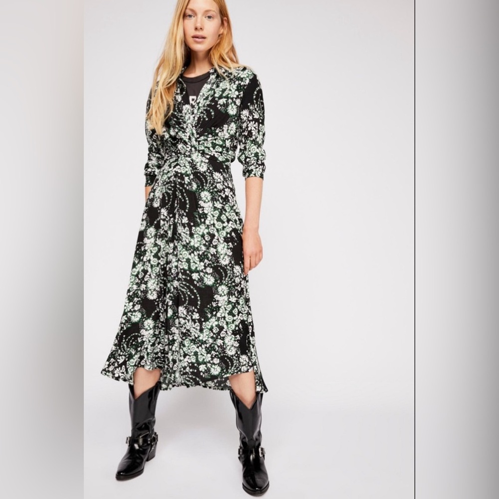 Free People Black and Green Floral Midi Dress